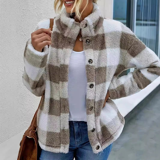 Popular Autumn Winter Casual Women Plaid Stand Collar One Breasted Wool Coat