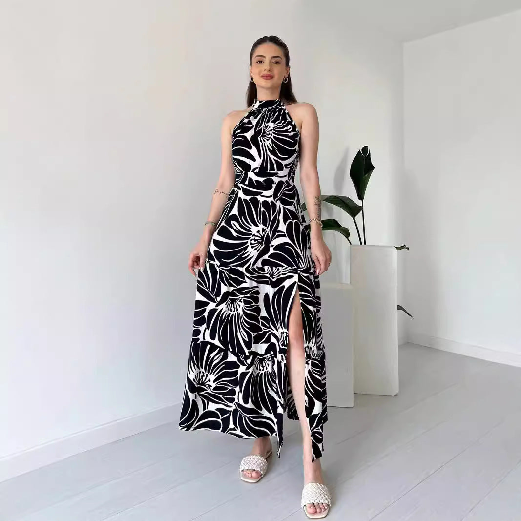 Sleeveless Elegant Maxi Dress Printed High Slit French Jumpsuit A Line Dress Women