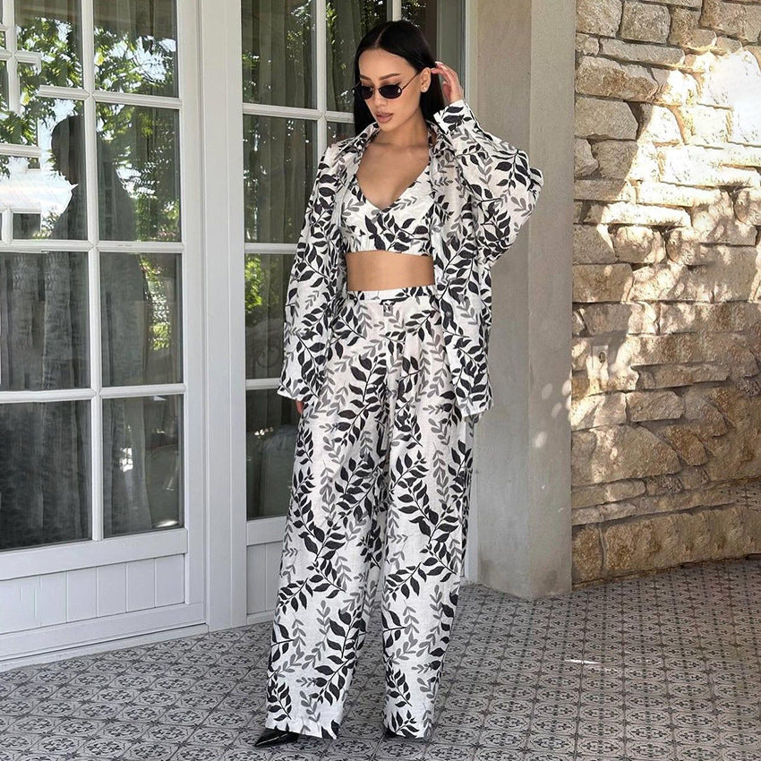 Autumn Printed Pajamas Set Three Piece Set Sling Cardigan Long Sleeve Pants Ladies Homewear