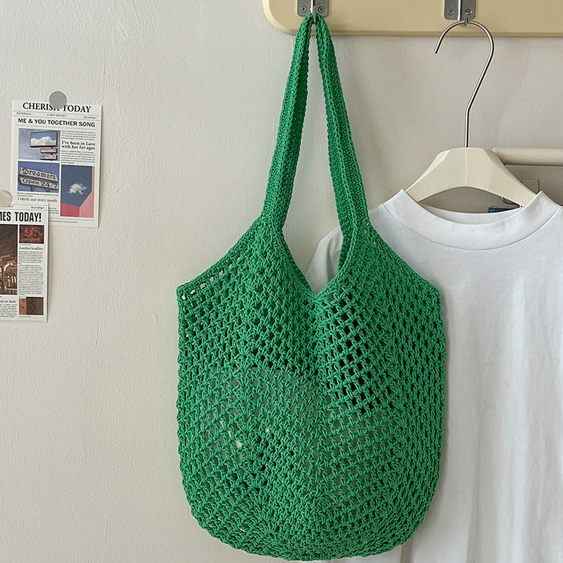 Casual Large Capacity Cotton Thread Woven Bag Hollow Out Cutout Straw Bag Idle Shoulder Bag Vacation Beach Bag Women Bag One Size Hollow Carambola with Inner Bag Green