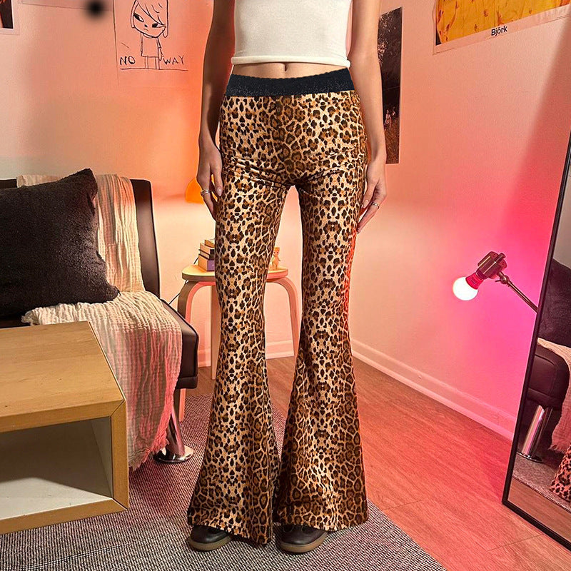 Sexy Leopard Print Basic Bell Bottom Pants Tight Casual Trousers Printed Lace Waist Pants