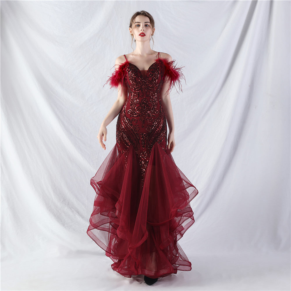 Craft Order Ostrich Feather Hard Mesh Positioning Floral Sequin Stitching Mesh Dance Performance Dress Burgundy