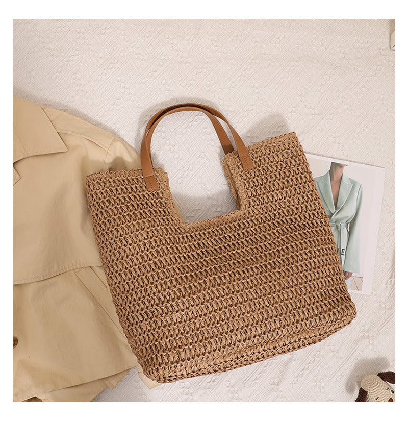 Shoulder Straw Bag Simple Large Capacity Portable Straw Bag Woven Bag Seaside Vacation Beach Bag Women Bag One Size Belt Concave Bag Coffee