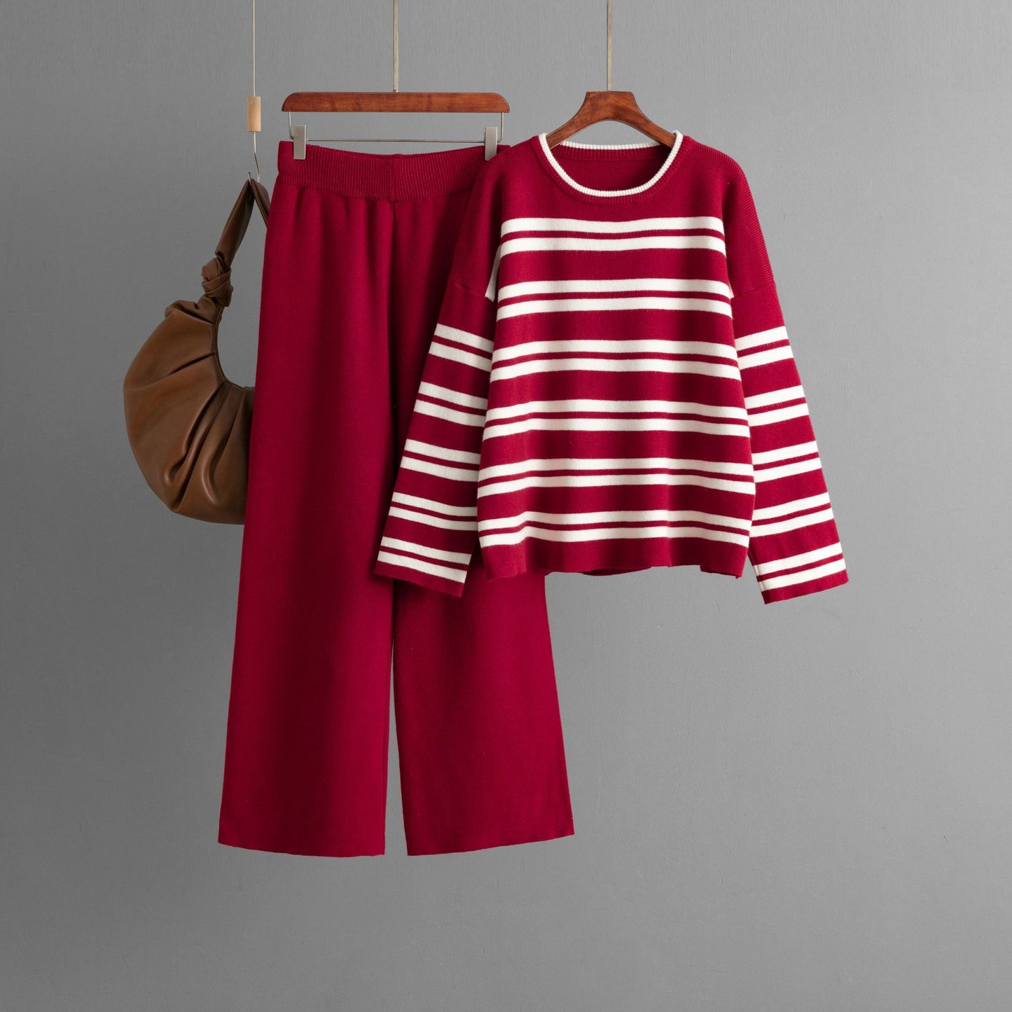 Striped Sweater Autumn Winter Loose Casual Wide Leg Pants Knitted Two Piece Pant Sets One Size Red