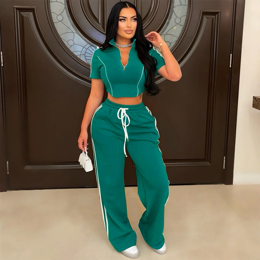 Casual Two Piece Set Women Zipper T shirt Shory Top with Loose Trousers Green