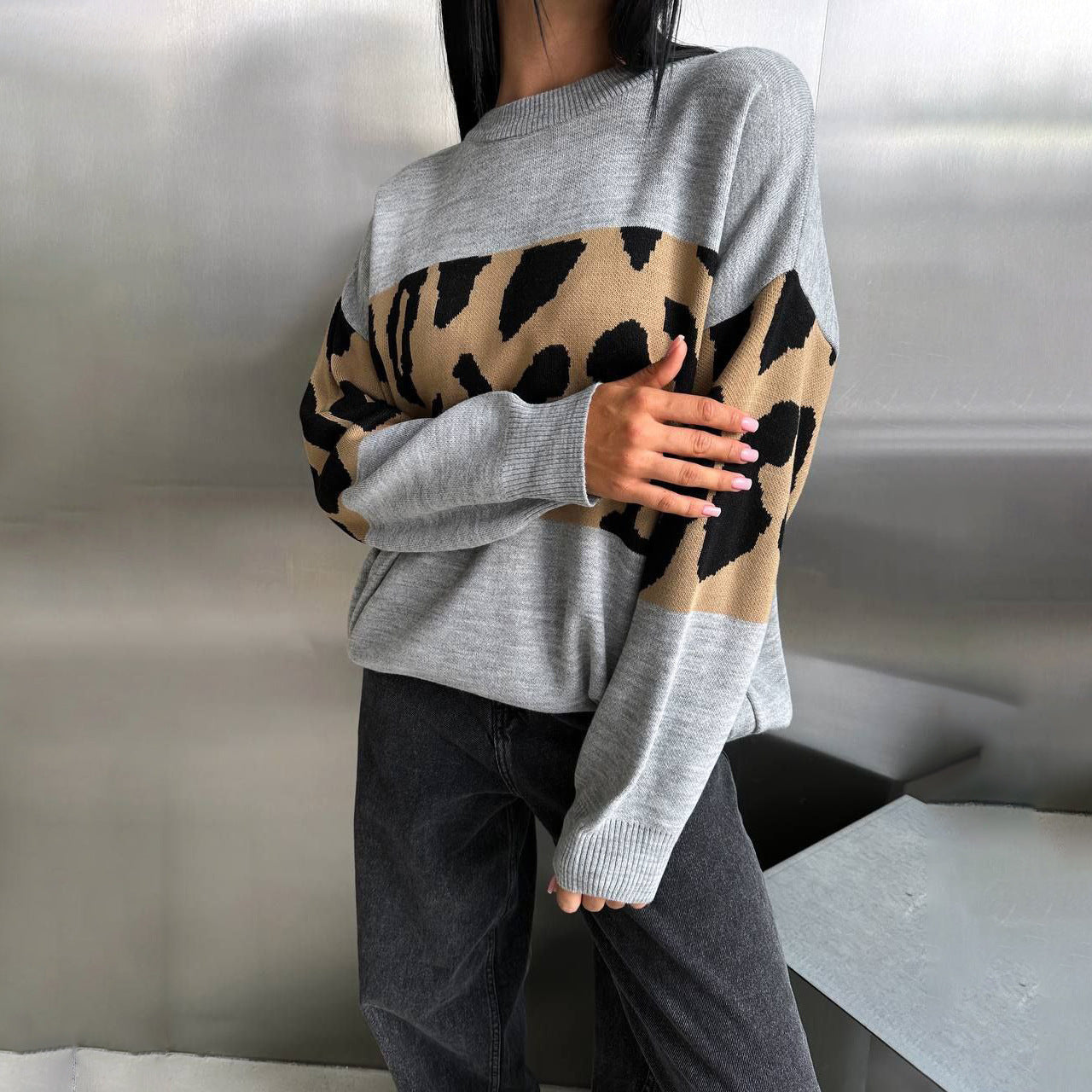 Contrast Color Leopard Print Sweater Idle round Neck Loose Pullover Casual Outdoor Autumn Winter Coat Women Gray