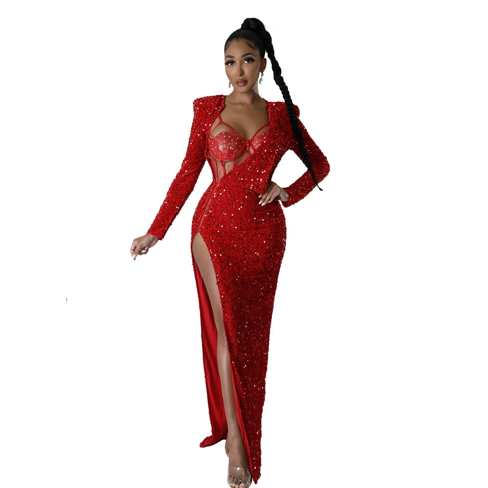 Women Clothing Solid Color Sequ Sexy Slit Maxi Dress Including Sexy Jumpsuit Two Piece Set Dress Red