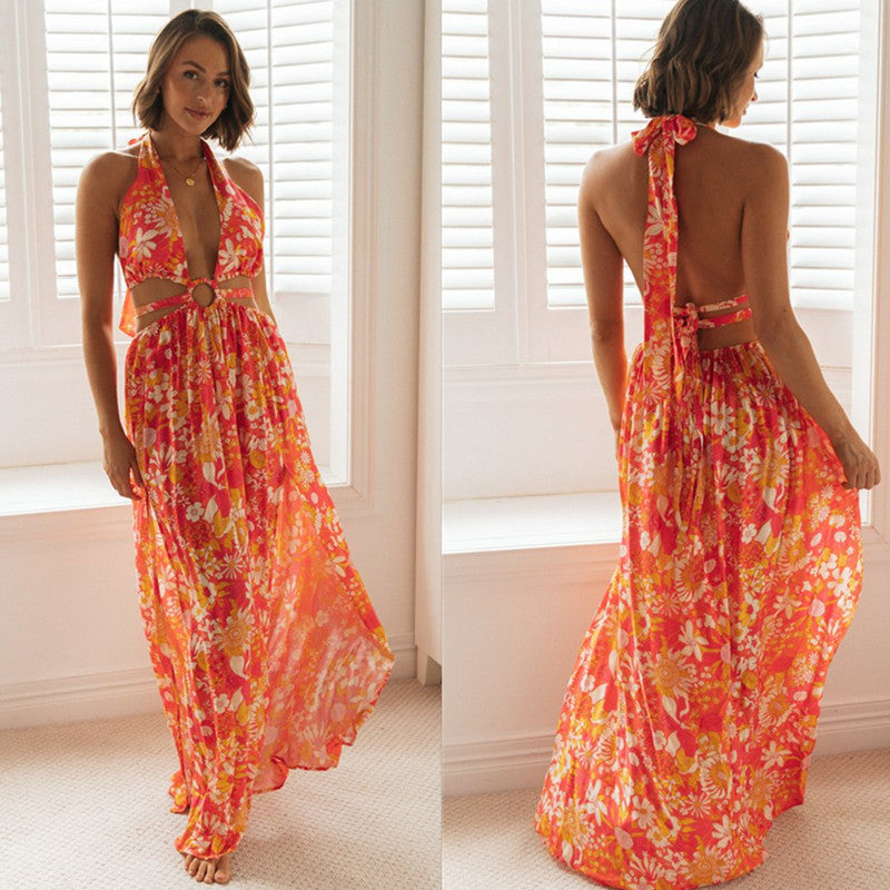 Women V-neck Printing Slip Dress Sexy Split Maxi Dress Red