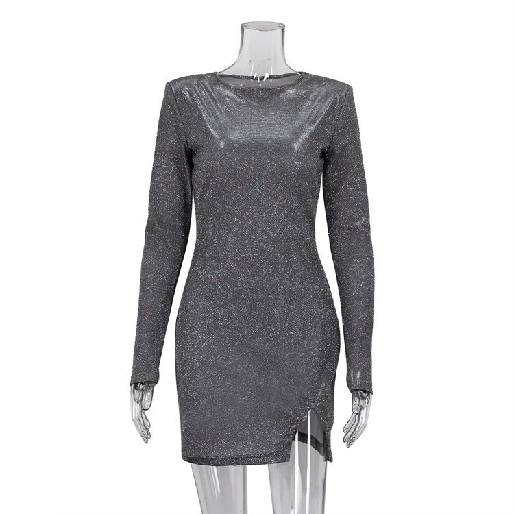 Women Clothing Sexy Flash Long Sleeved Dress for Women Autumn Slim Fit Sheath Dress Gray