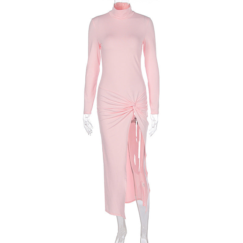 Fall Women Clothing Half Turtleneck Sexy Slit Pleated Dress Women Pink