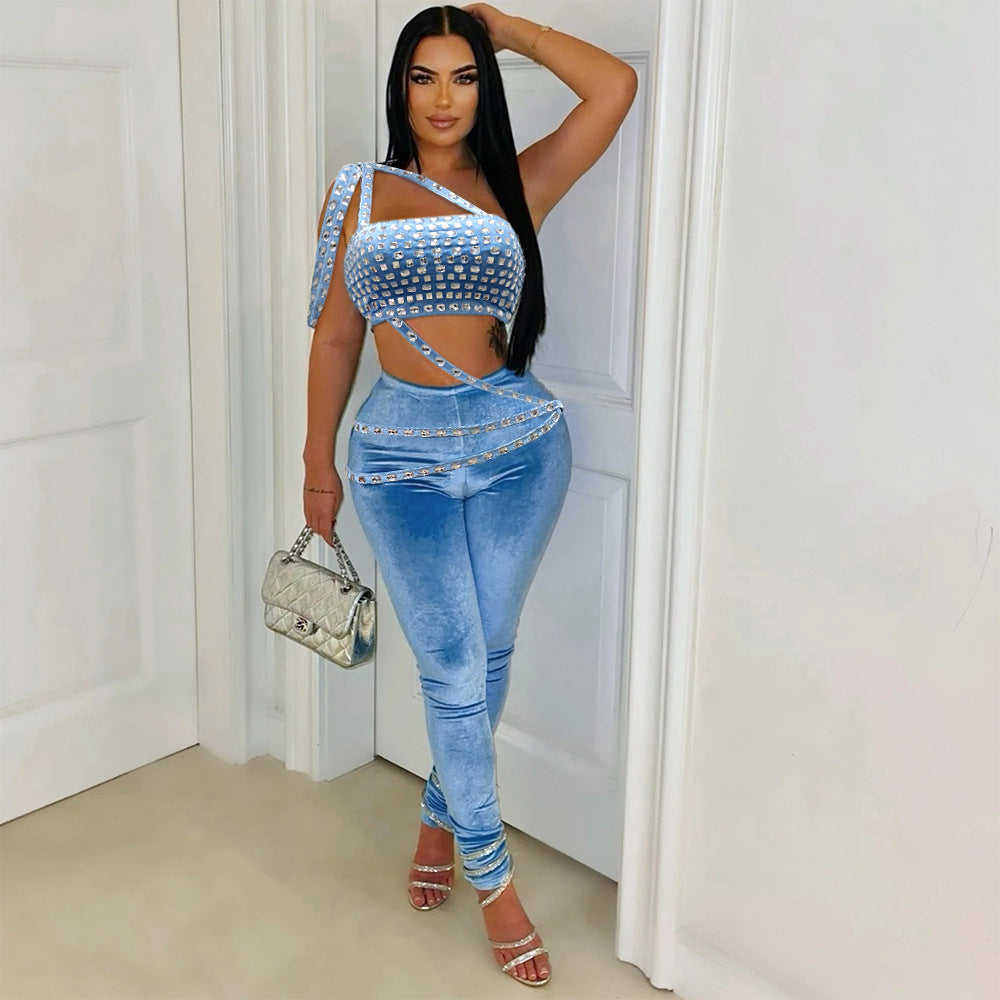 Tube Top Crop Top Short Top Slim Fit Trousers Two Piece Set Rhinestone Women Blue