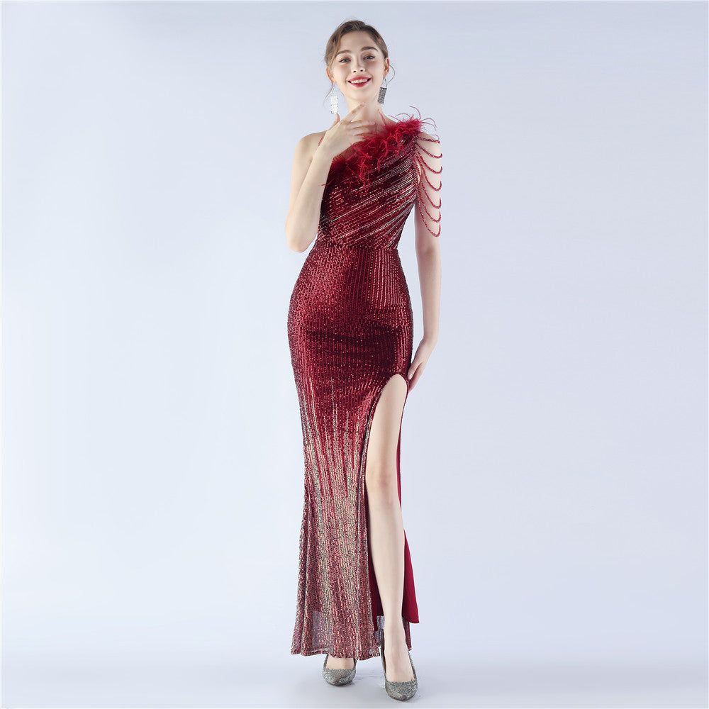 Gradient Sequin Craft Beaded Ostrich Feather Diagonal Collar One Shoulder Long Evening Dress Burgundy