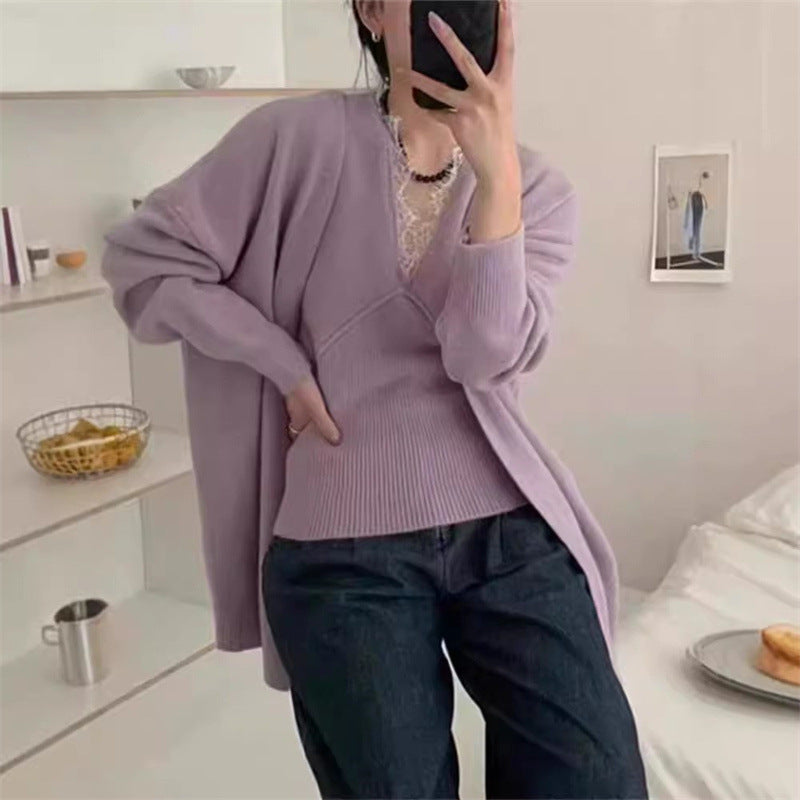 Autumn Lazy Wind Korean Knitted Cardigan Women Lace Vest Soft Glutinous Loose Sweater Two Piece Sets Women One Size Purple