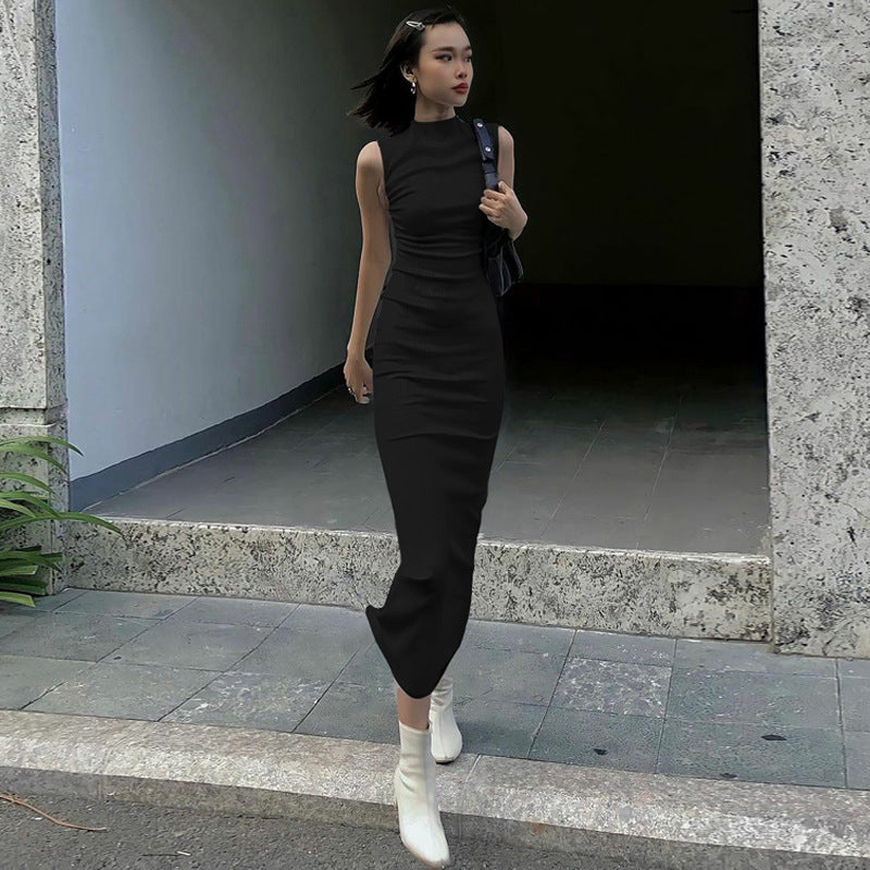 Women Clothing Summer Slim Fit Slimming Round Neck Sleeveless Solid Color Dress Black