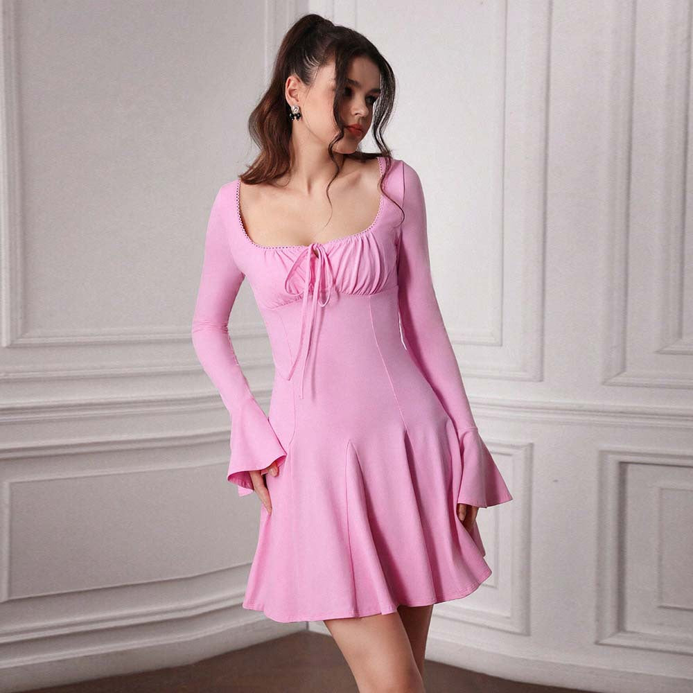 Women Clothing Sweet Sexy Dress Autumn Winter High Waist Square Collar Sweet Spicy Pink Pink