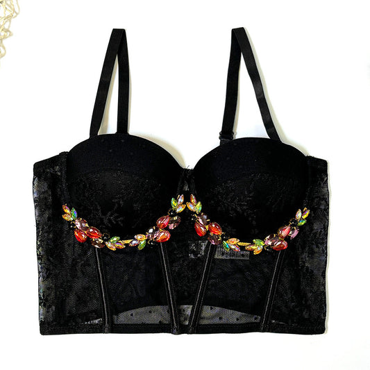 Black Lace High Grade Outer Wear Bra Gem Floral Texture Inner Match Sexy Underwear Tube Top