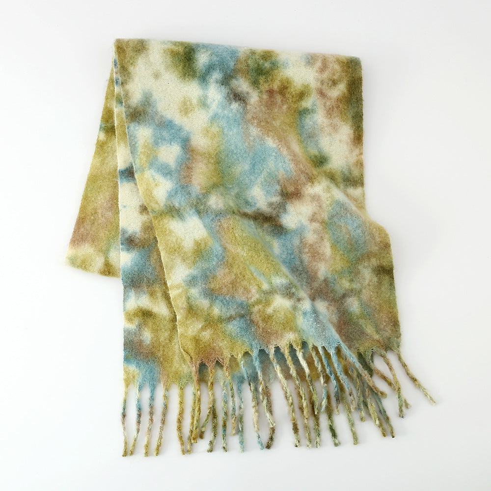 Scarf Women Woven Circle Yarn Mohair Spray Dyed Printing Gradient Color Lengthen Thicken Scarf One Size Green