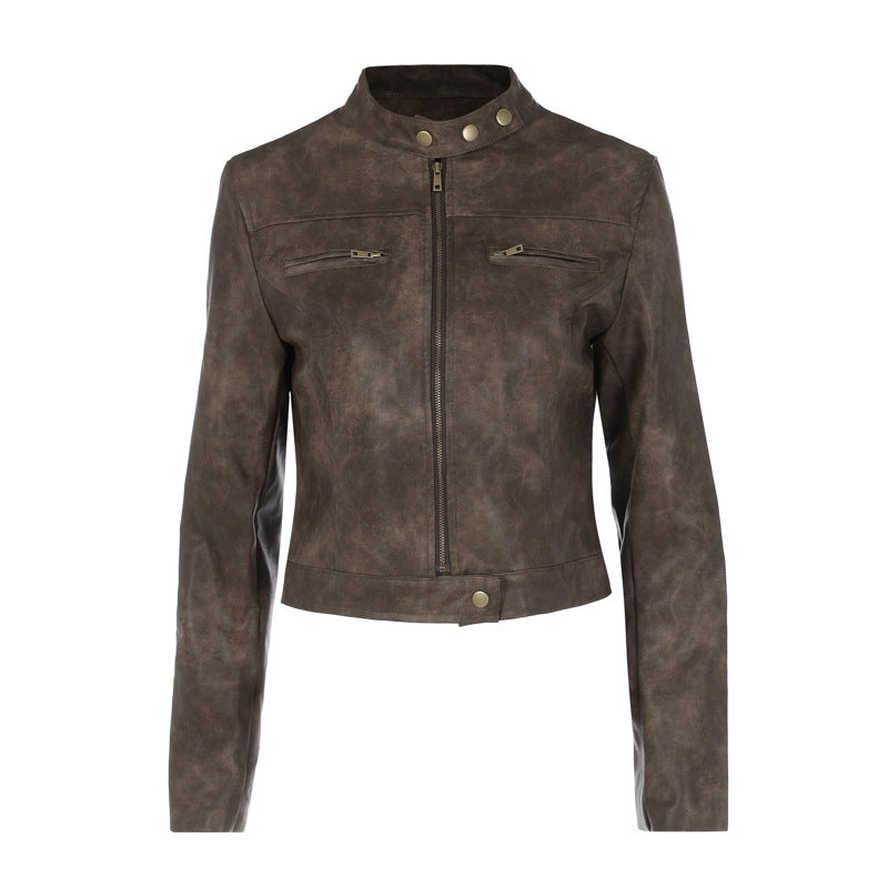 Retro Distressed Short Jacket Autumn Sexy All Match Slimming Stand Collar Faux Leather Fashionable Clothes Coffee