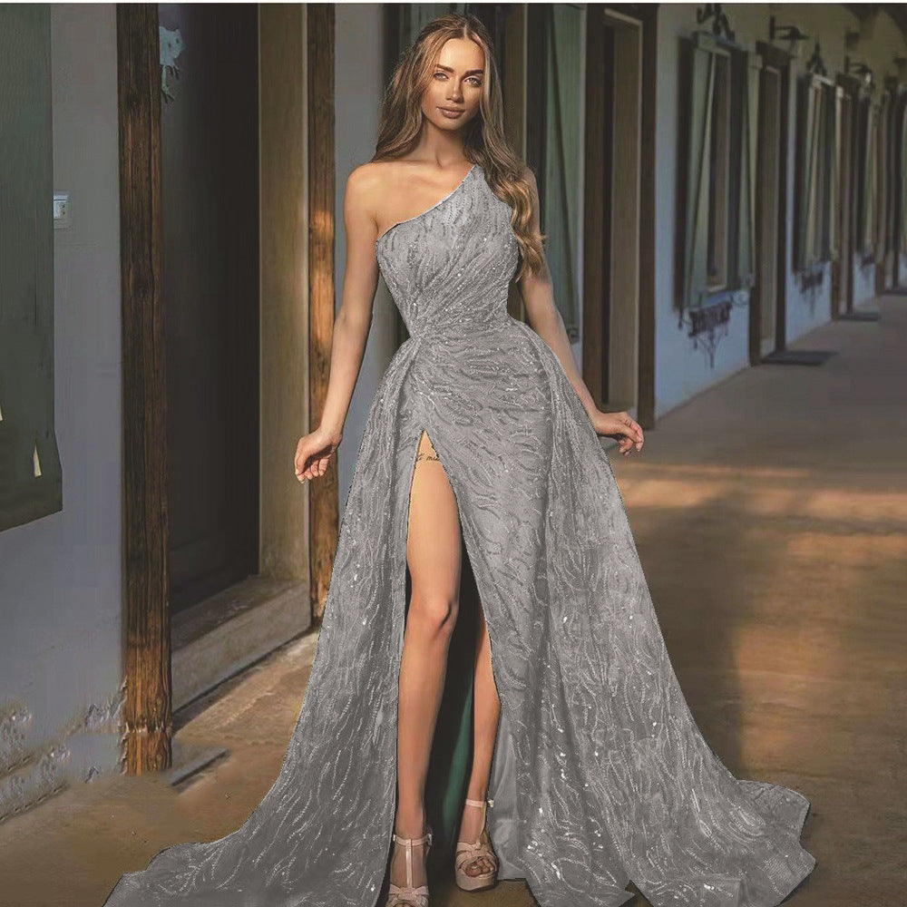 Spring Summer Women Clothing off-Shoulder Split Maxi Dress Toast Dress Sequin Sling Evening Dress Gray