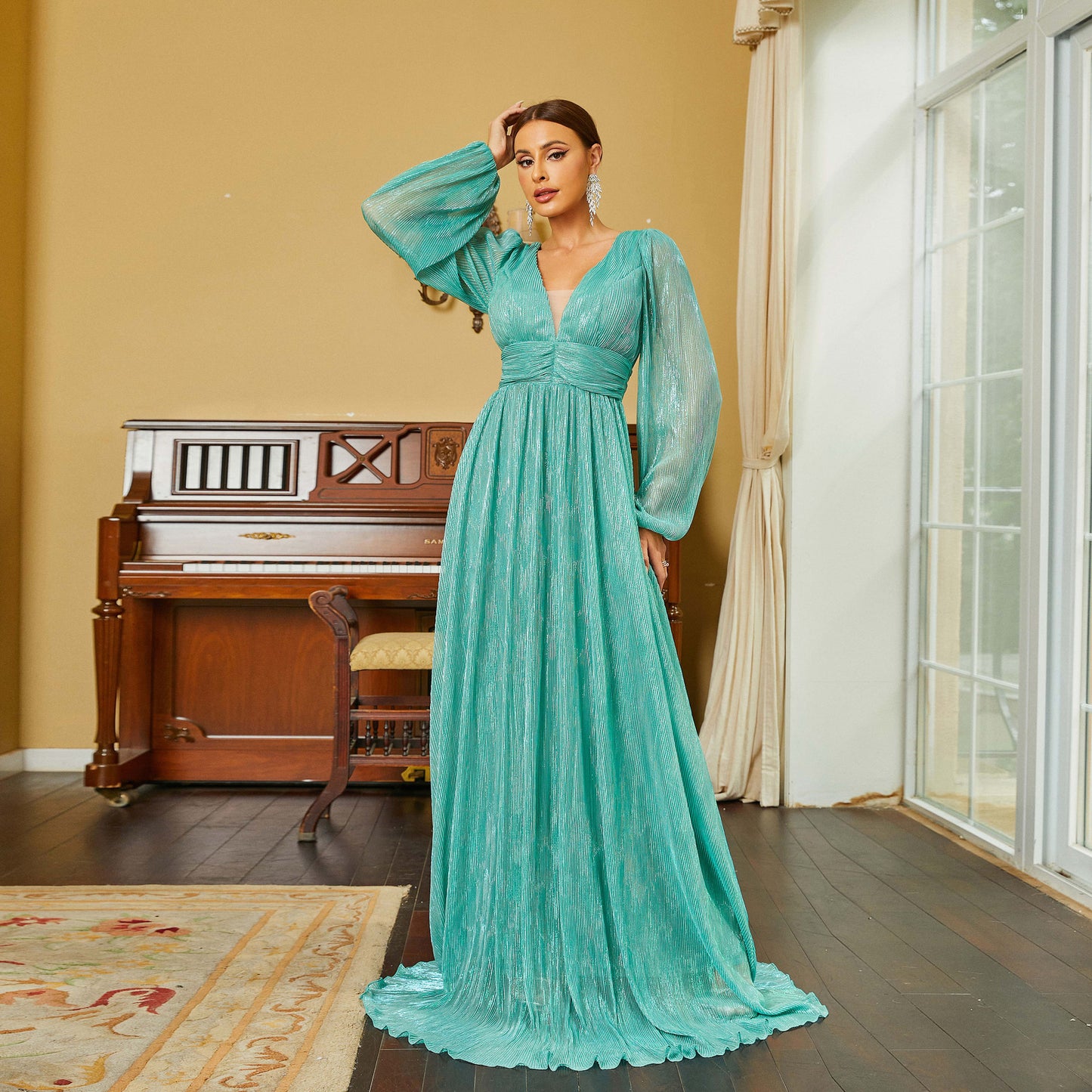 Long Sleeve Elegant V Neck Long Bohemian Large Swing Evening Dress Bridesmaid Dress Dress Women Clothing Green