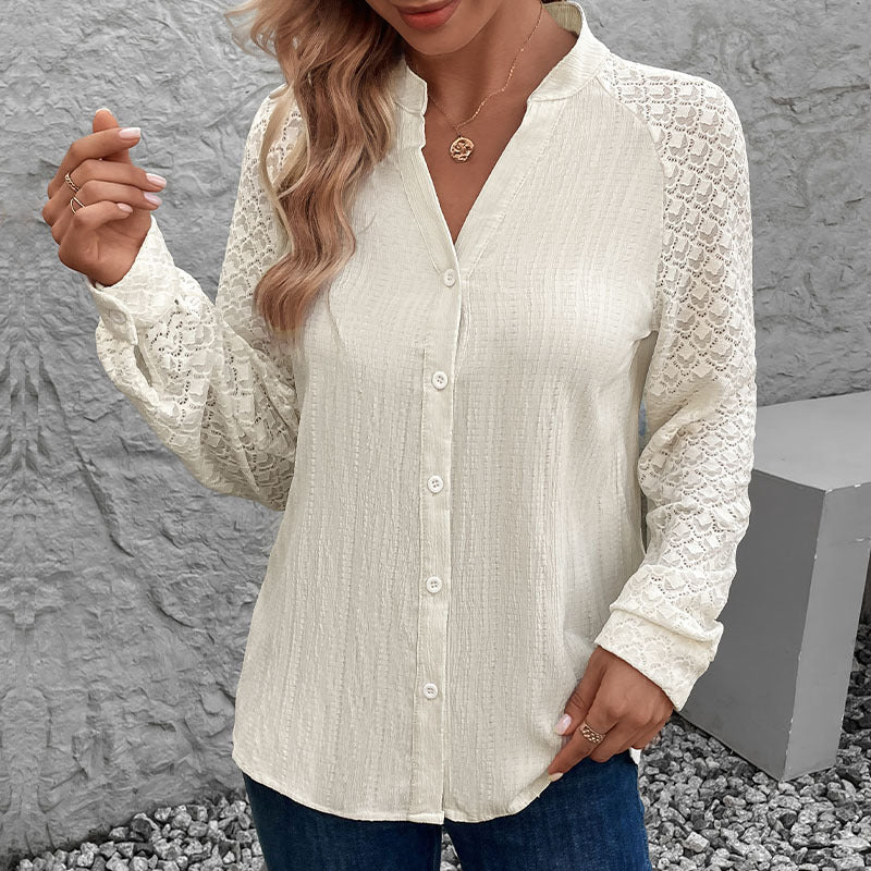 Spring Autumn Cardigan Single-Breasted Stand Collar Pleated Solid Color Shirt for Women