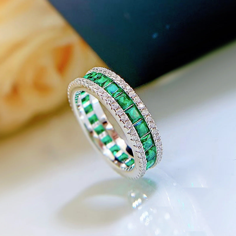 S925 Silver Seamless Inlaid Princess Square Exquisite Full Diamond Micro Setting Ring Green