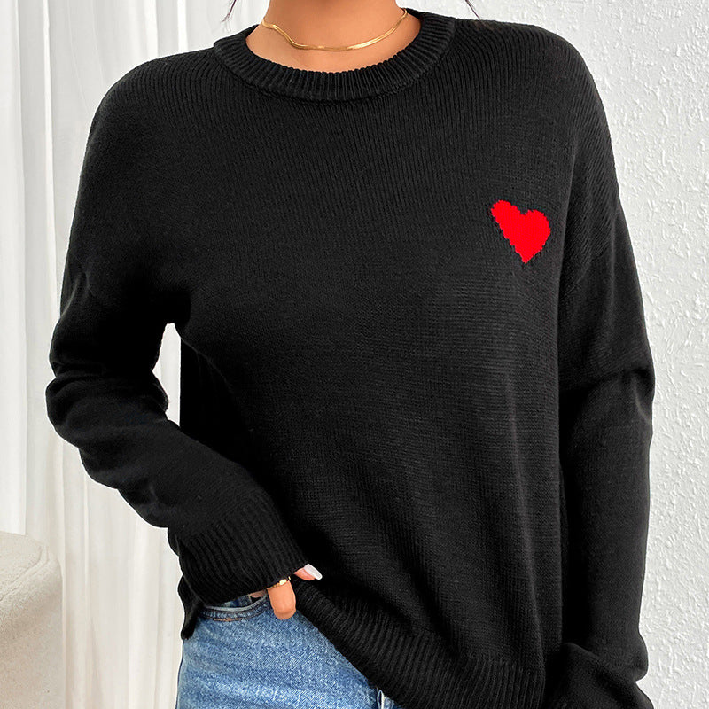 Love Jacquard round Neck Sweater Autumn Winter Casual All Match Loose Sweater Valentine Day Sweater