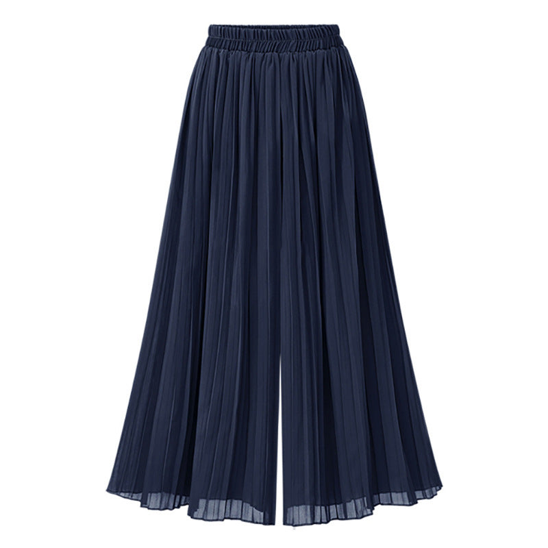 Summer Casual Solid Color Pleated Slightly Flared Wide Leg Pants for Women One Size Navy Blue