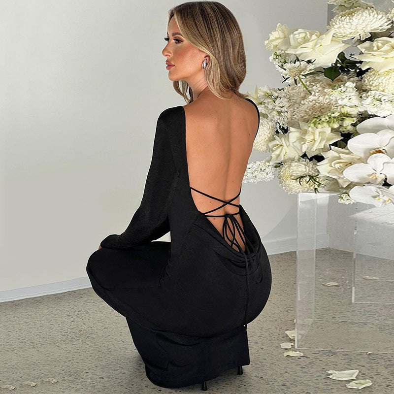 Women Clothing Autumn Sexy Backless Lace up Long Sleeve Elegant Dress