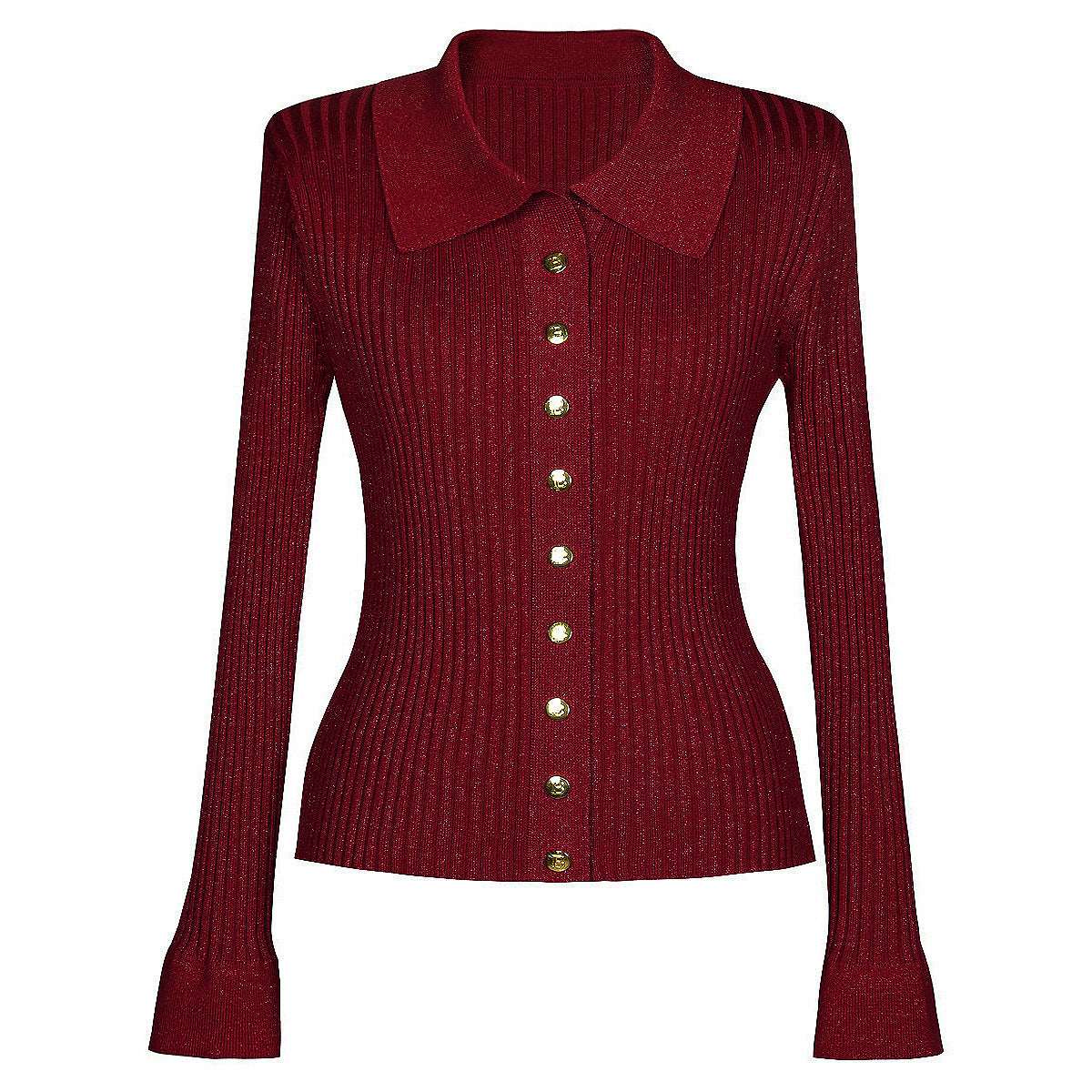 High End Autumn Winter Quality Knitwear Long Sleeve Collared Bright Silk Cardigan Woolen Jacket Burgundy