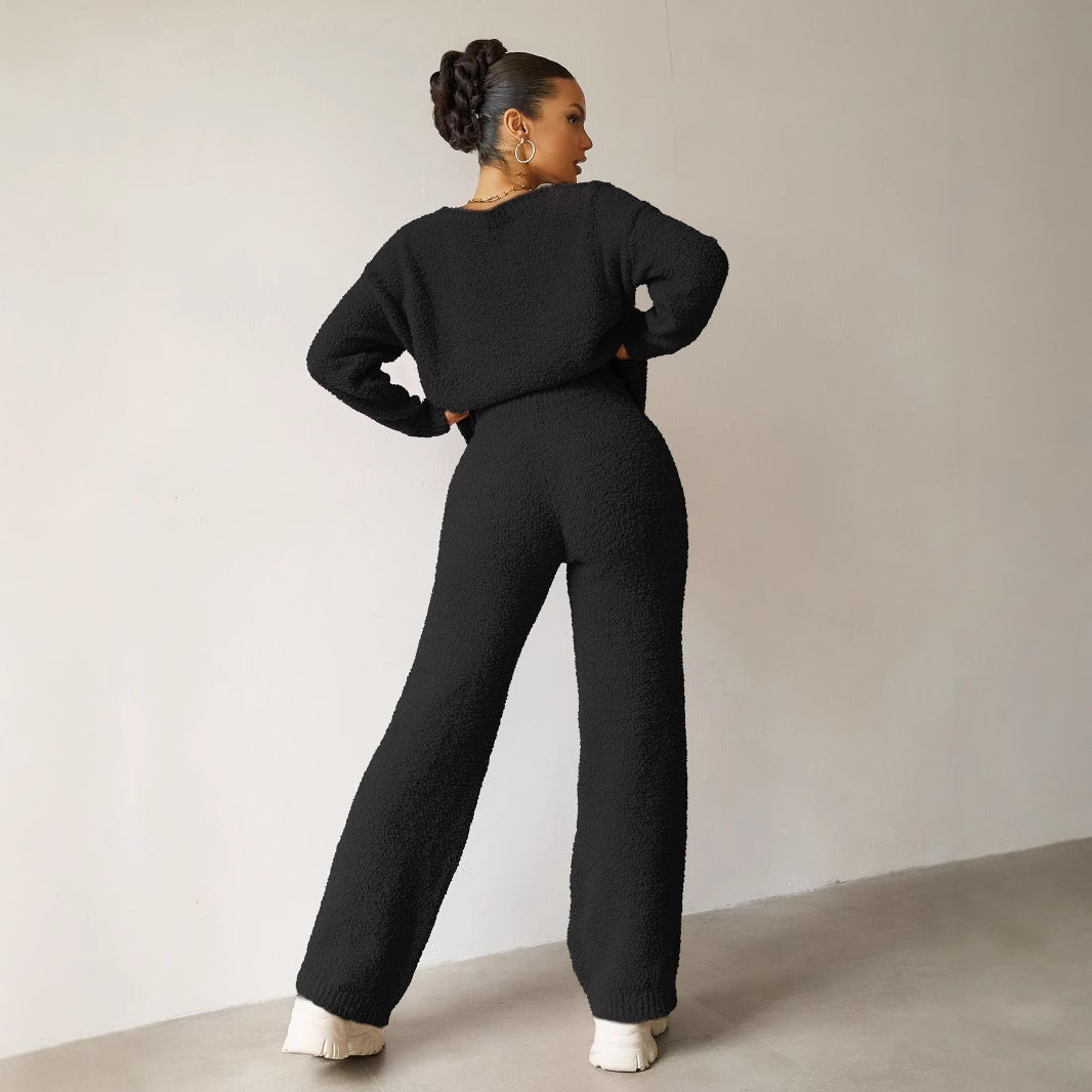 Autumn Winter Solid Color Women round Neck Long Sleeve Trousers Thick Warm Sets