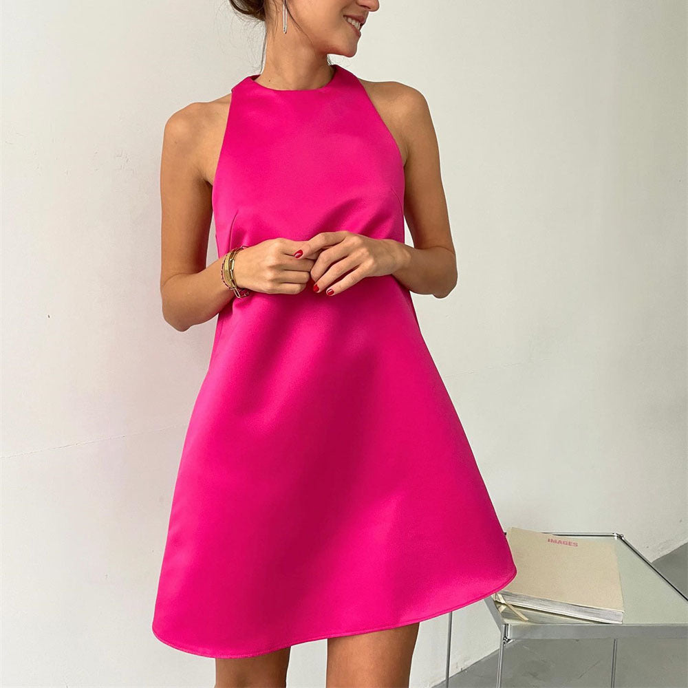 Spring Summer Satin Dress round Neck Sleeveless A line Sexy Party Dance Dress