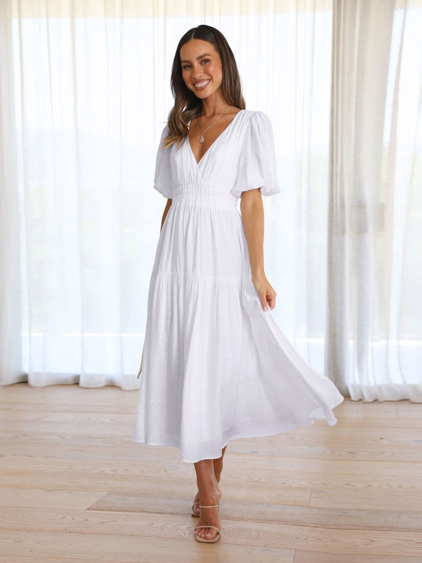 Summer Advanced Sense Vacation Deep V Plunge Puff Sleeve Dress Women White