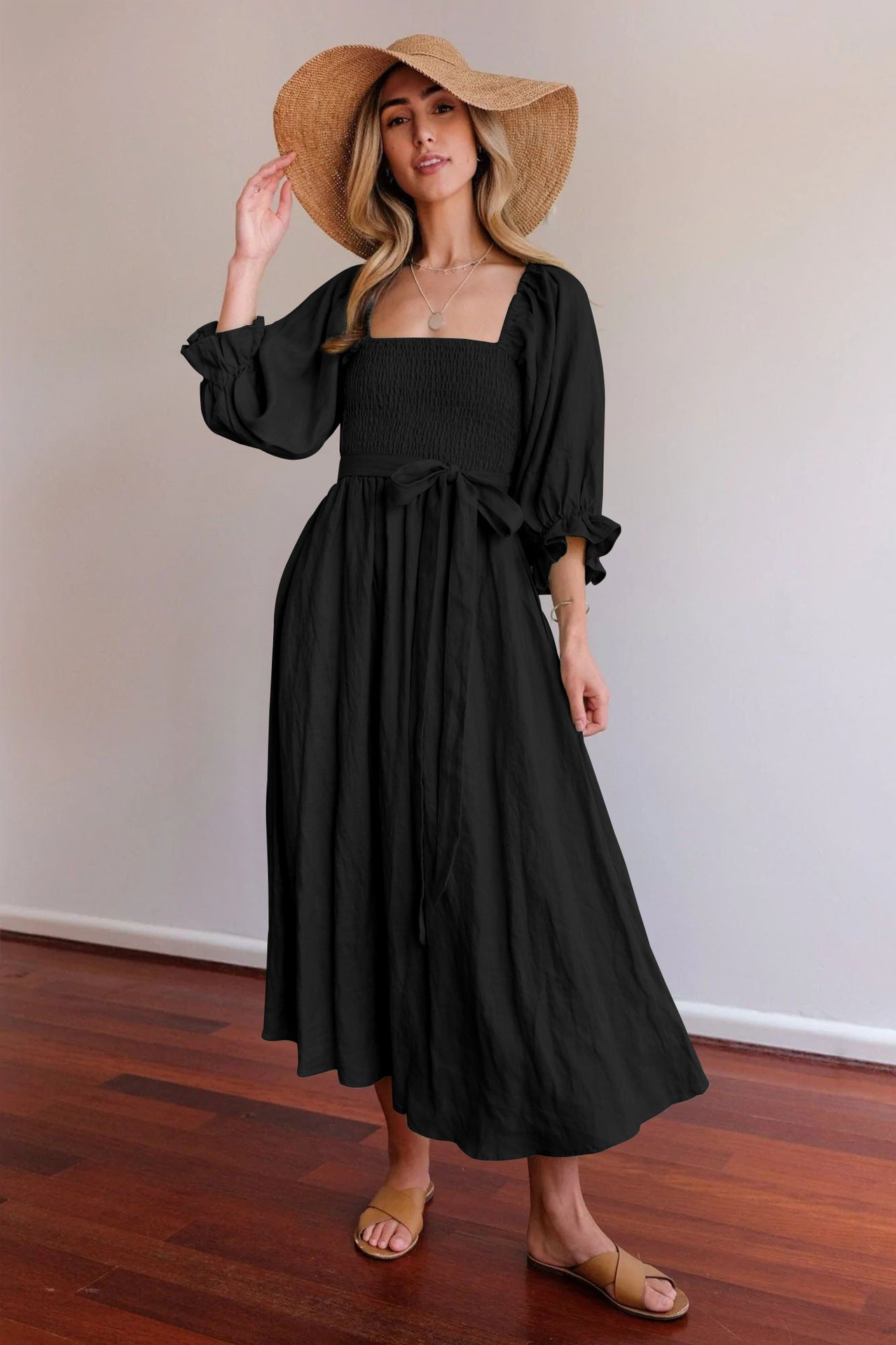 French High Sense Women Autumn Clothing Rope Belt Ruffled Lantern Sleeves Dress Multi Wear Elegant Dress Black