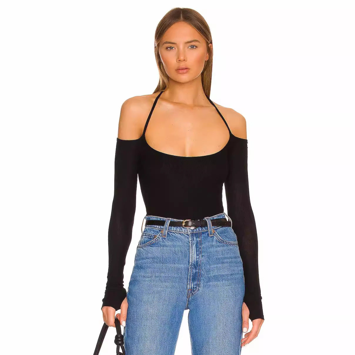 Autumn Long Sleeve Thumb Hole T shirt Sexy Halter off Shoulder Women Clothing Design Blouse Black