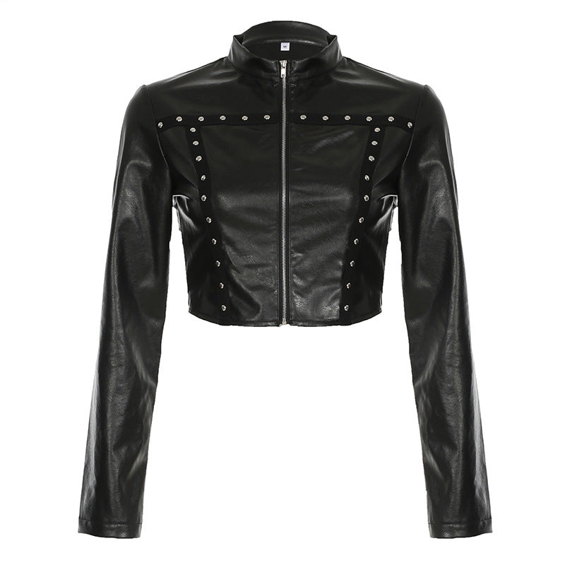 Personalized Rivet Leather Coat Locomotive Sexy Stand-up Collar Short Zipper Leather Top for Women Black