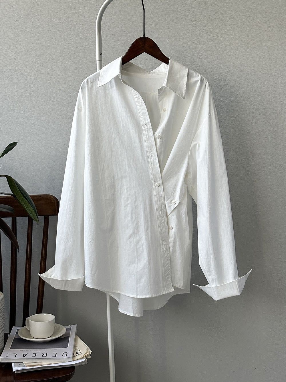 Irregular Asymmetric Side Slit Diagonal Button Shirt Women Autumn Korean Minimalist Long Sleeve Top White