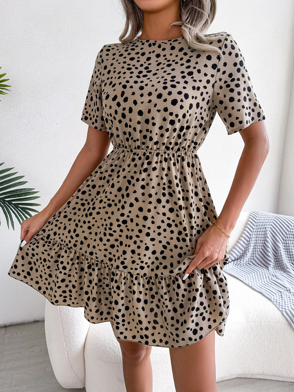 Spring Summer New Casual Polka-Dot Cinched Ruffled Large Swing Dress Women Clothing Tiered Dress Coffee