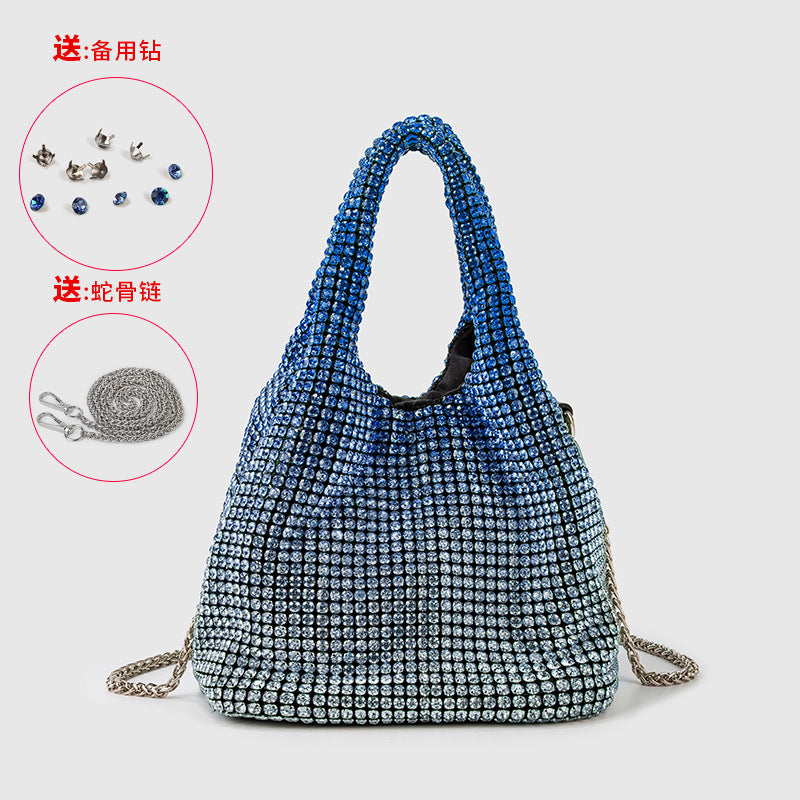 Full Diamond Bag Women Diamond Bucket Bag Rhinestone Chain Portable Messenger Bag One Size Gradient blue