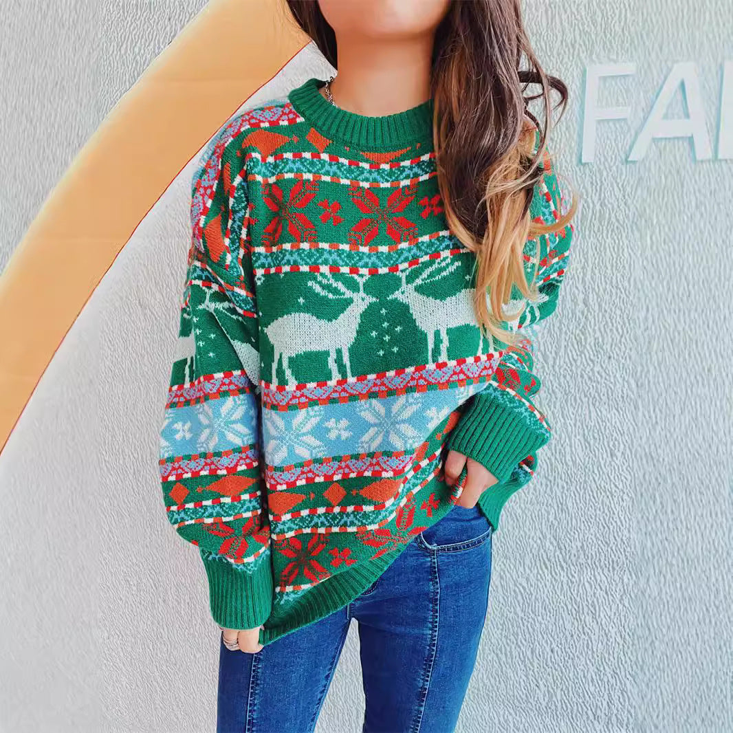 Christmas Sweater Deer Snowflake Five Color Jacquard Knitted Sweater round Neck Long Sleeve Year Holiday Sweater