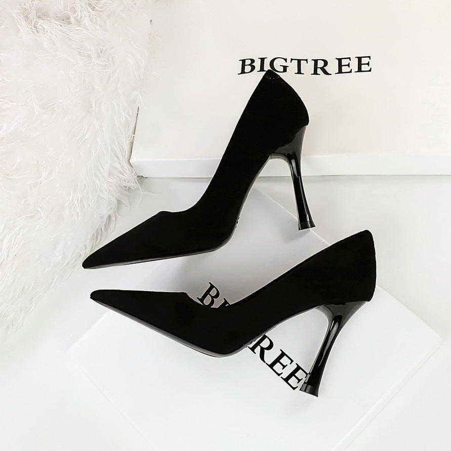 Simple Thin Cocktail High Heels Wine Glass Heel Super High Heel Suede Shallow Mouth Pointed Toe Women Shoes