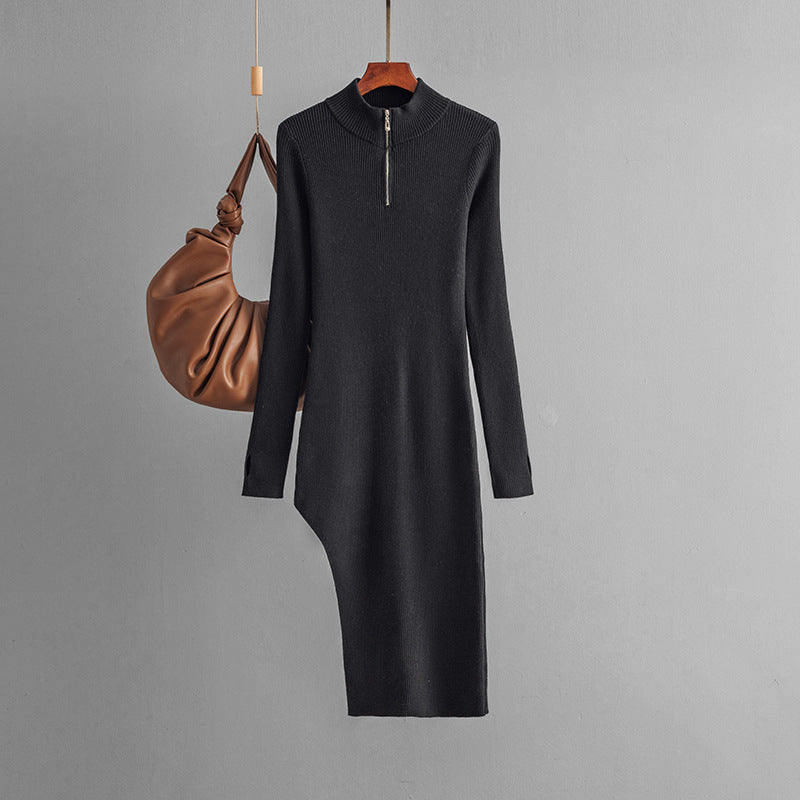 Zipper Knitted Dress Women Autumn Winter Half High Collar Long Sleeves Bottoming Hip Solid Color Dress One Size Black