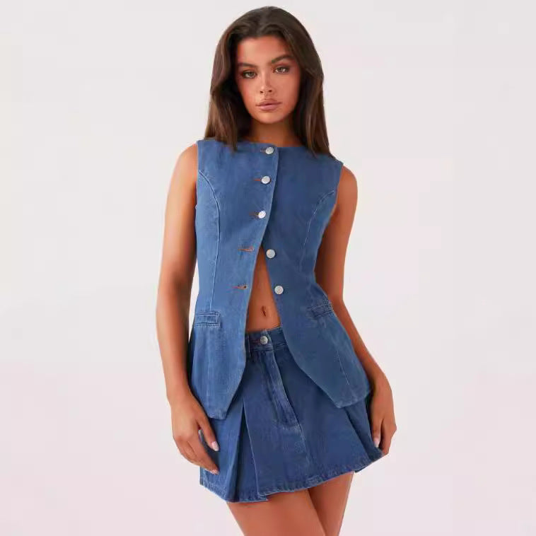 Summer Casual Sleeveless High Waist Women Denim Skirt Sets