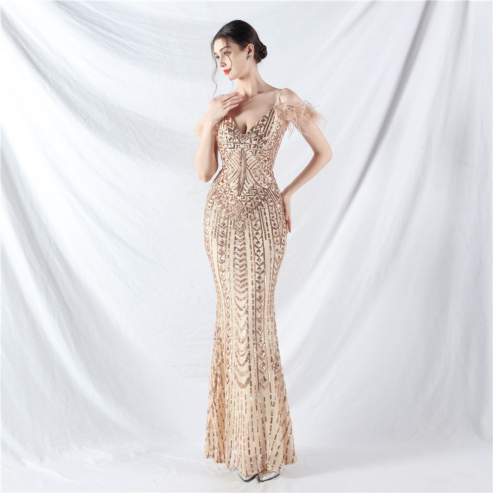 Positioning Floral Sequin Craft Order Ostrich Hair High End Evening Dress Gold