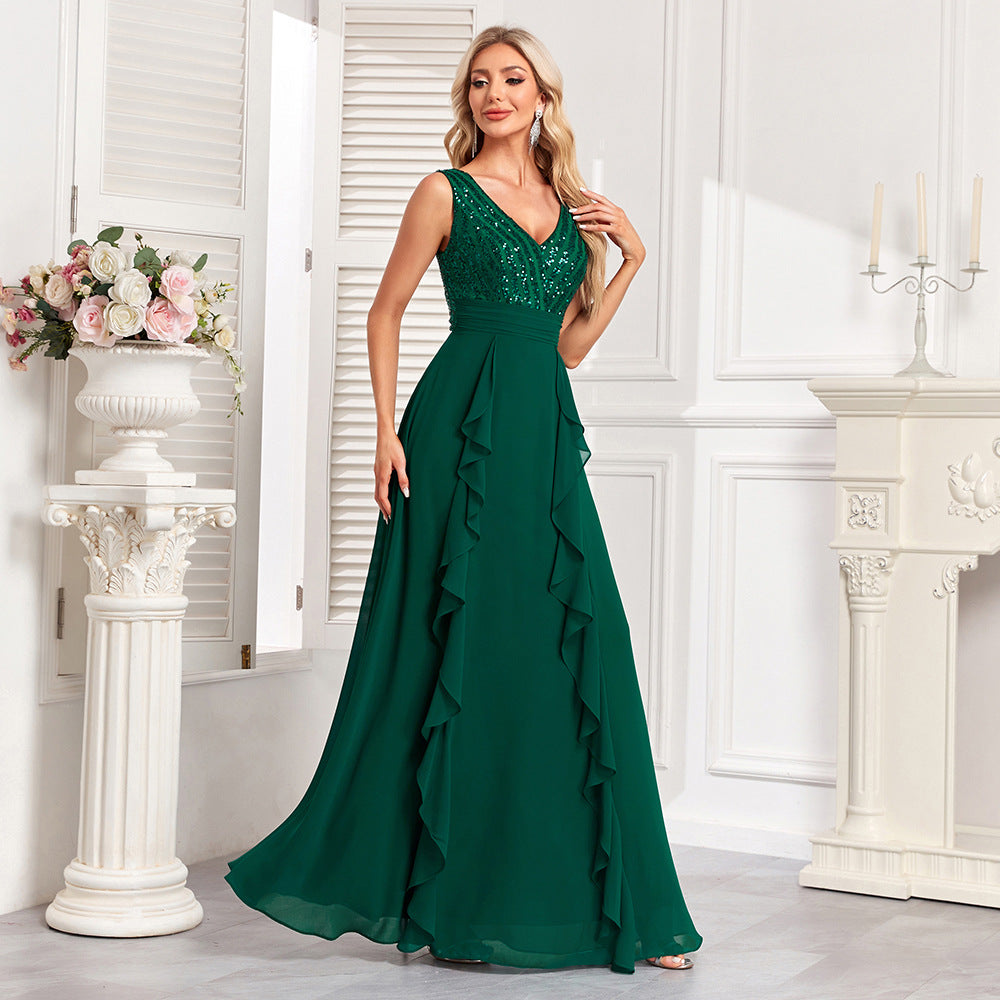 Sequin Stitching Chiffon Double V Neck Sleeveless Ruffled Party Dress a Large Swing Fully Lined Evening Dress Blackish Green