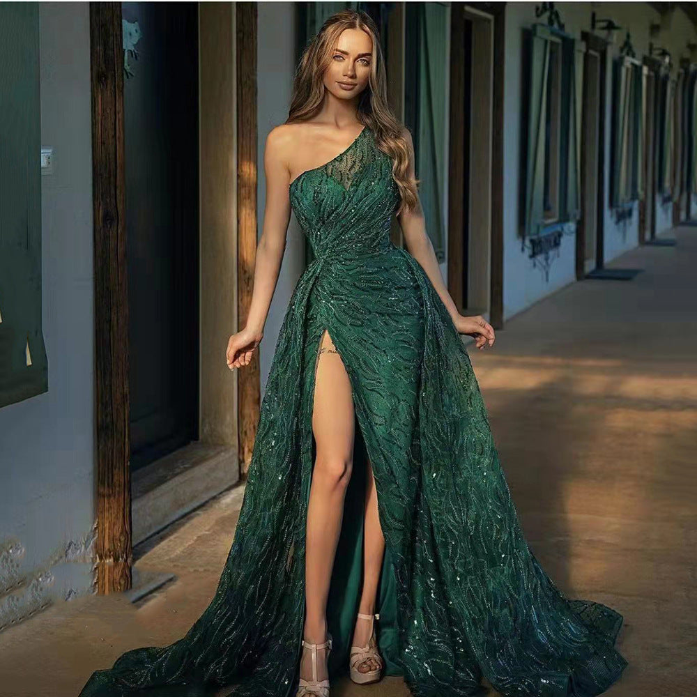 Spring Summer Women Clothing off-Shoulder Split Maxi Dress Toast Dress Sequin Sling Evening Dress Green