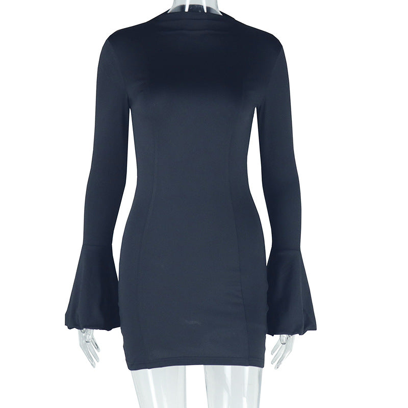 Short Dress round Neck Long Sleeve Long Sleeved Slim Fit Short Hip Pullover Dress Black