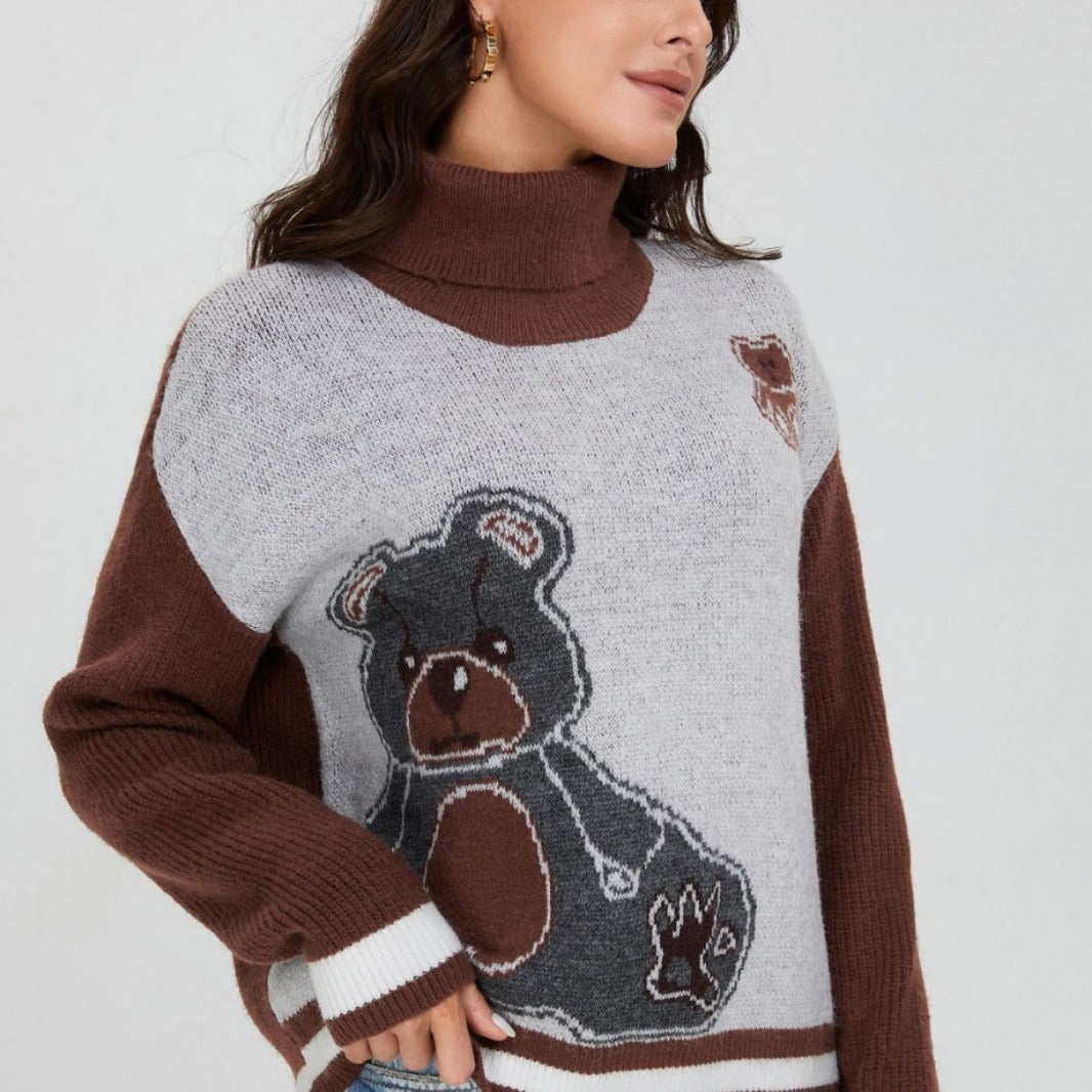 Autumn Winter Knitted Retro Contrast Color Jacquard Cartoon Bear Pattern Turtleneck Sweater Long Sleeve Top Women Clothing