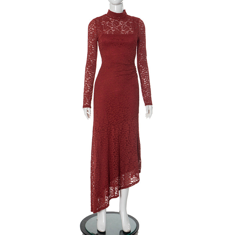 Women Lace Stitching Pleated Slim Fit Long Sleeve Oblique Strap Inner Dress Burgundy