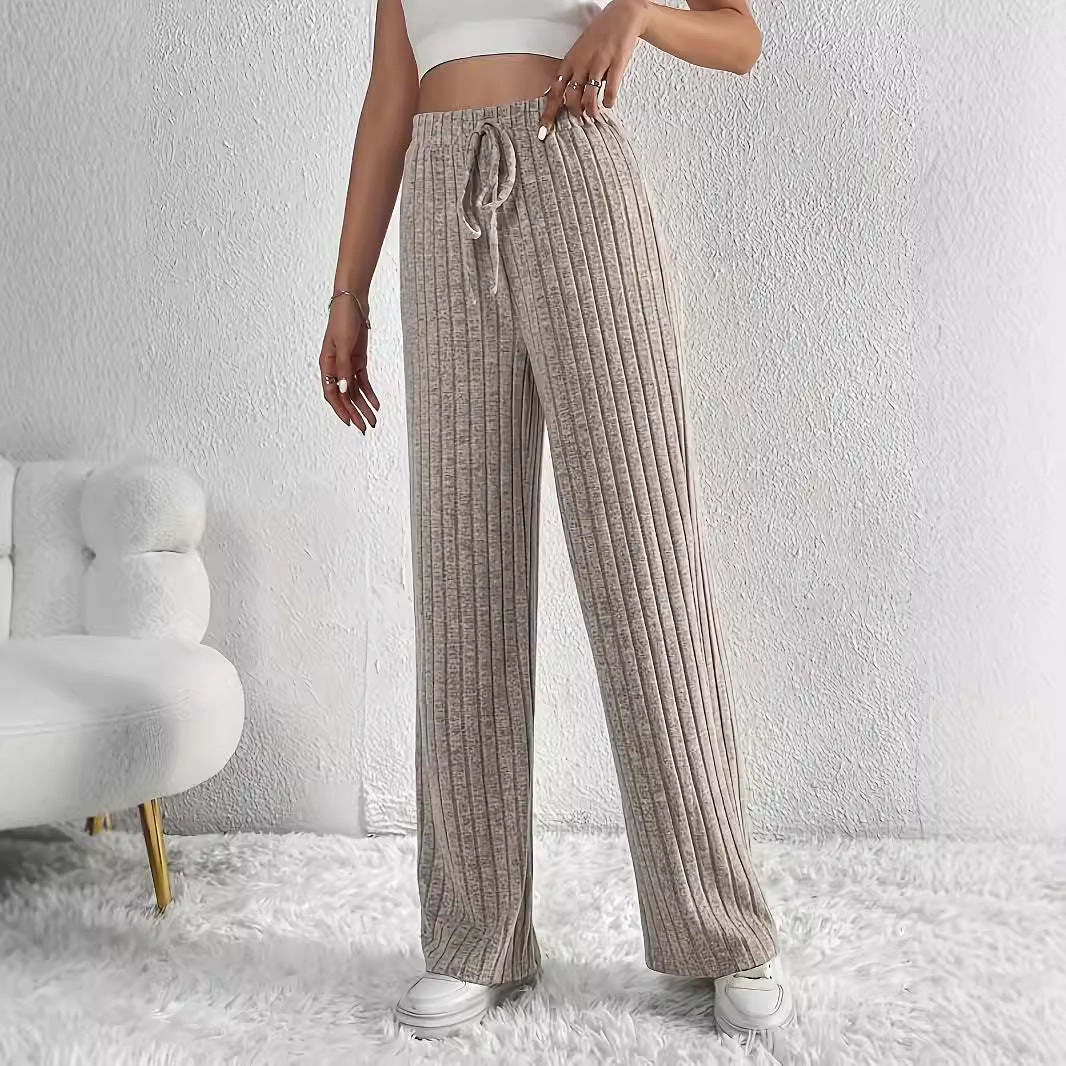 Women Casual Pants Loose Elastic Waist Sunken Stripe Rib Knitted Pants Draping Straight Leg Trousers